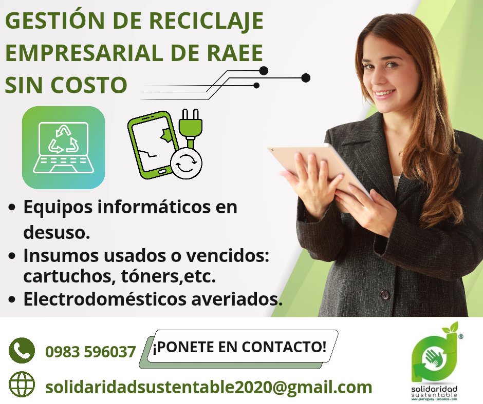 sosustentablepy's tweet image. 😉📣♻️Solicitá nuestro servicio de Gestión de reciclaje de RAEE, NO TIENE COSTO.
📱☘️Ponete en contacto al WhatsApp: 0983596037, o Escribinos a solidaridadsustentable2020@gmail.com.