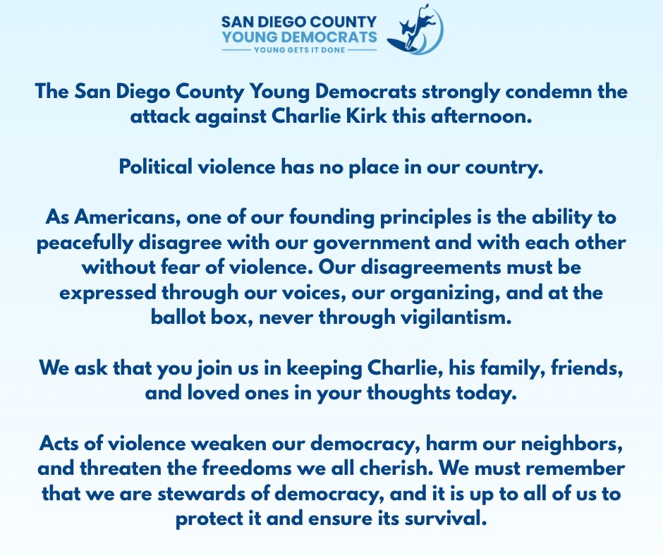 Statement on today’s attack against Charlie Kirk.

Political violence has no place in our country.