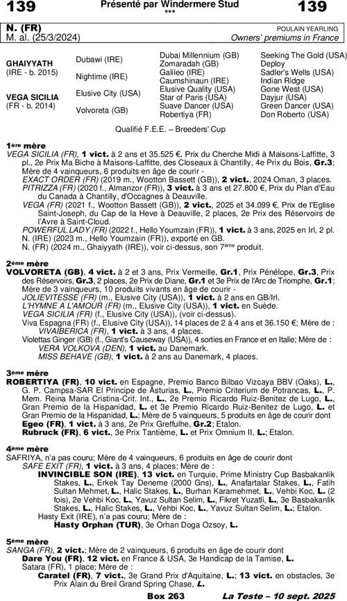 📓 Lote 139
📝 N. (FR)

♂ Macho 2024
🔗 Ghaiyyath x Vega Sicilia (Elusive City)

⏪ Vendedor: Windermere Stud
⏩ Comprador: Cuadra San José (Juan Carlos Rosell) por Cava Associates

💰 Precio: 45.000 €
🏠 Subasta: Vente Osarus de Yearlings 2025 <a href="/OsarusSales/">OSARUS</a> 

#AsoSales