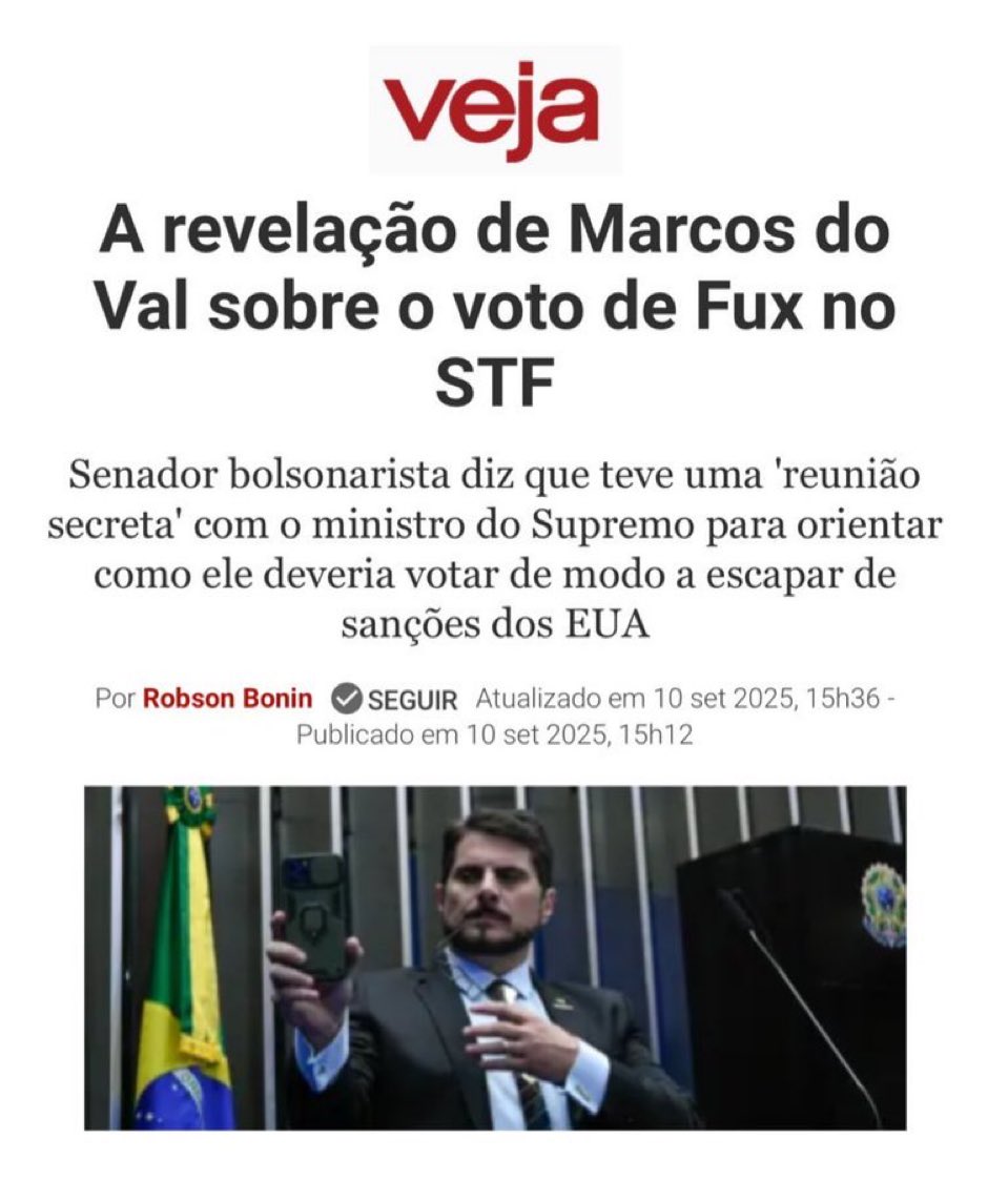 RafaelLulista's tweet image. 🚨 BOMBA POLÍTICA 🚨

🔴 Marcos do Val revela encontro secreto com Luiz Fux para orientar voto no STF e evitar sanções dos EUA

💬 “Expliquei a ele sobre a lista. Inicialmente perde visto”, disse Do Val, sugerindo que Fux teria seguido sua orientação para escapar de sanções…
