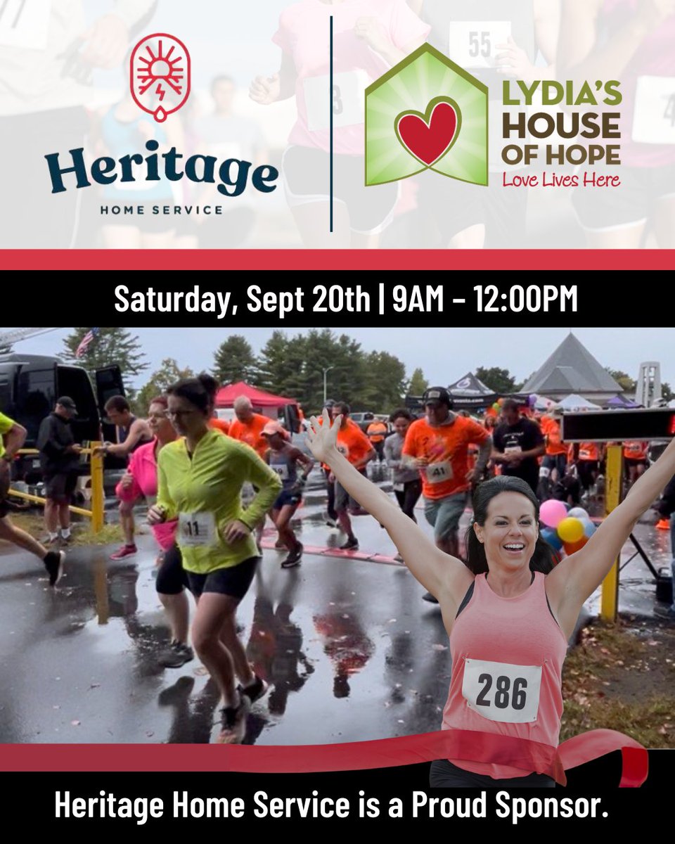 Lacing up for Lydia's House of Hope🏅 We’re proud sponsors—join us Sat, Sept 20 @ 9am in Somersworth, NH to run for hope!

#LydiasHouseOfHope #HeritageHomeService #RunForACause #SomersworthNH #Community #GiveBack #NH #SeacoastNH