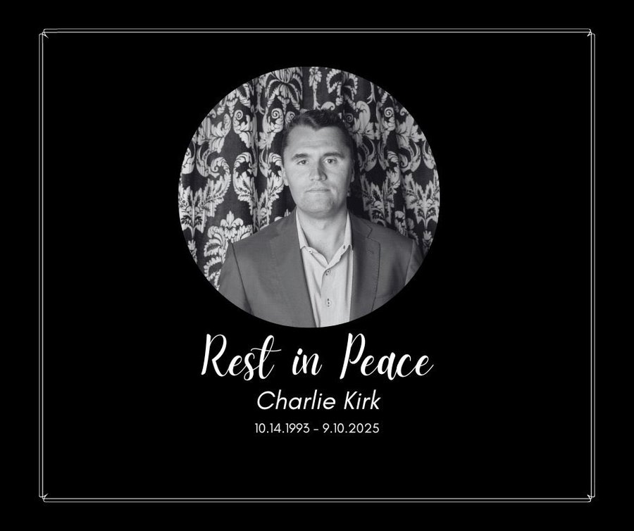 A black-and-white circular portrait of Charlie Kirk, a man in a suit and tie, set against a patterned background. Below the portrait, white text reads "Rest in Peace Charlie Kirk 10.14.1995 - 9.10.2025" in a cursive and standard font.