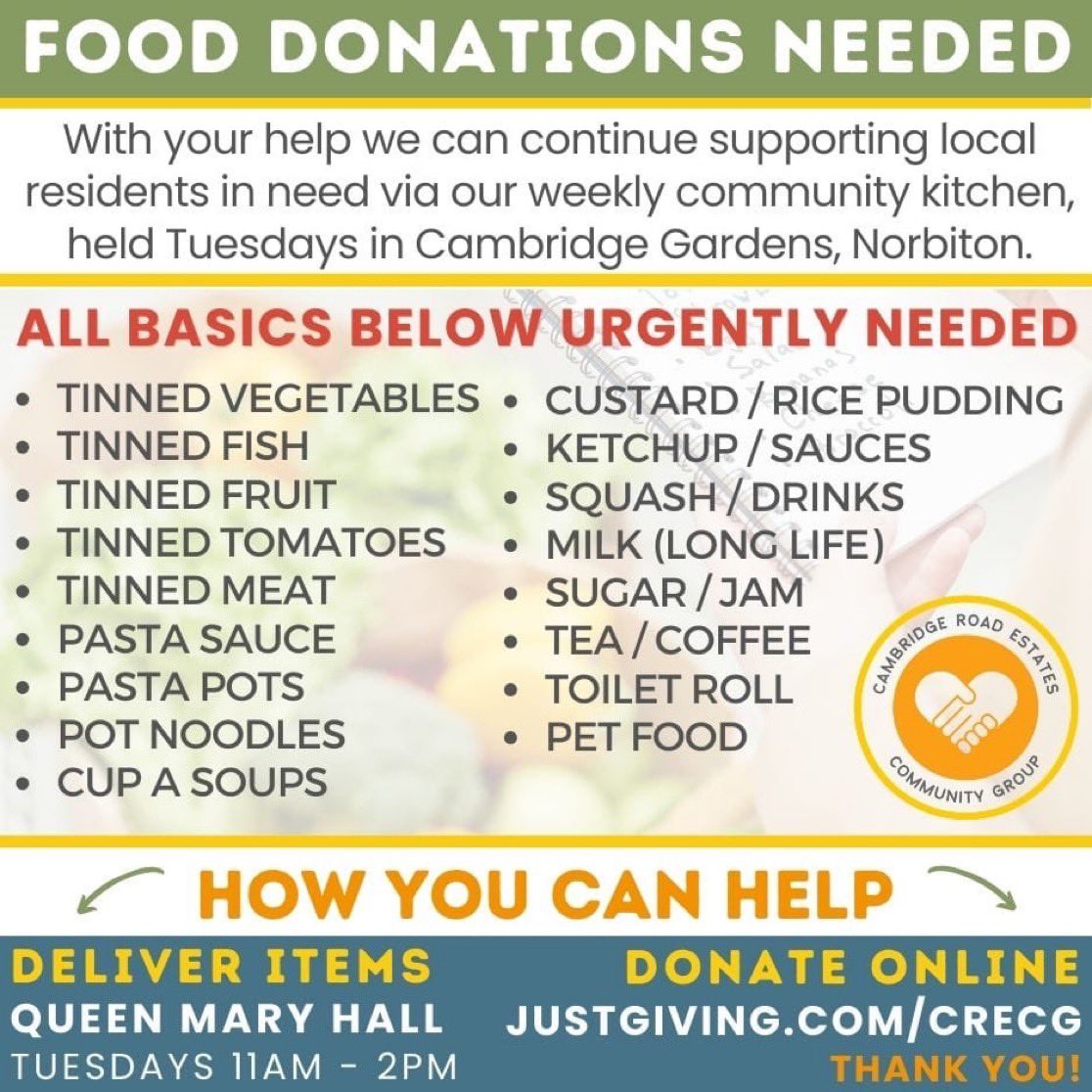 <a href="/RoadCrest/">CREst Cambridge Road Estate. Chair Jill Preston</a> are seeking urgent donations of the following items to help meet the Increasing needs of our local residents