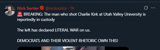 theserfstv's tweet photo. There is no information yet on the Charlie Kirk shooter or the political motivation behind it but that hasn't stopped major right wing pundits immediately politicizing his shooting before a single fact is known https://t.co/vQfFeX8Agf
