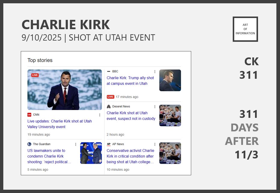 CHARLIE KIRK  

9/10/2025 
SHOT AT UTHA EVENT  

CK 
311  

311 
DAYS AFTER 
11/3