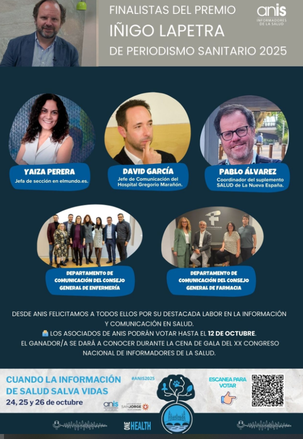 Felices de ser finalistas del Premio de Periodismo Íñigo Lapetra. Gracias <a href="/anisalud/">ANIS</a>  por este reconocimiento al esfuerzo en Comunicación que desde hace tantos años  hace <a href="/Farmaceuticos_/">Consejo General Colegios Farmacéuticos</a>  con el apoyo de todos los colegios de farmacéuticos. 
Enhorabuena al resto de finalistas!