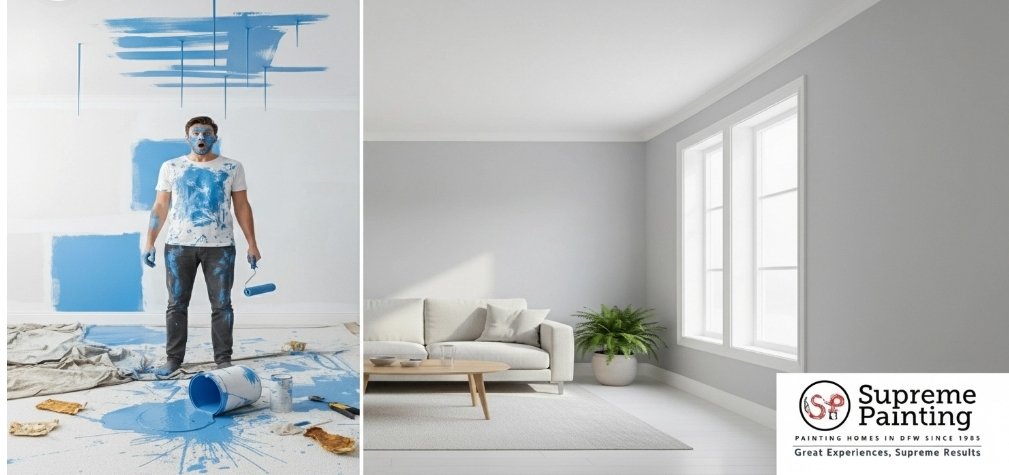 SupremePainting's tweet photo. That moment when your "quick weekend paint job" turns into a month-long disaster 😅 Ceiling painted blue, carpet splattered, and now you need pros to fix it all anyway!

Skip the costly DIY fails - let Supreme Painting handle it right the first time 🎨
#ProfessionalPainting #DFW https://t.co/6JpvBN2b3s