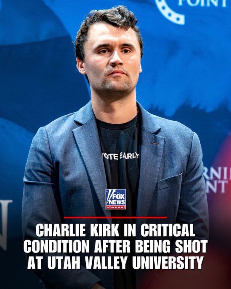 Carlos Montero (@cmonterooficial) on Twitter photo El influencer conservador <a href="/charliekirk11/">Charlie Kirk</a> se encuentra en estado crítico luego de recibir un disparo en un acto proselitista en Utah🇺🇸 El influencer conservador <a href="/charliekirk11/">Charlie Kirk</a> se encuentra en estado crítico luego de recibir un disparo en un acto proselitista en Utah🇺🇸