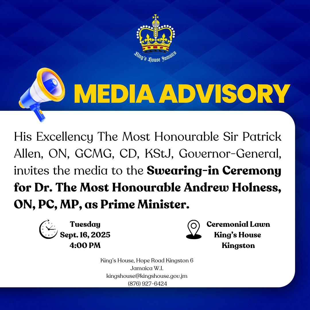 #UPDATE: Dr. The Most Honourable <a href="/AndrewHolnessJM/">Andrew Holness</a> is to be sworn in as Prime Minister of Jamaica on Tuesday September 16, 2025 at 4:00pm, King's House has announced.
