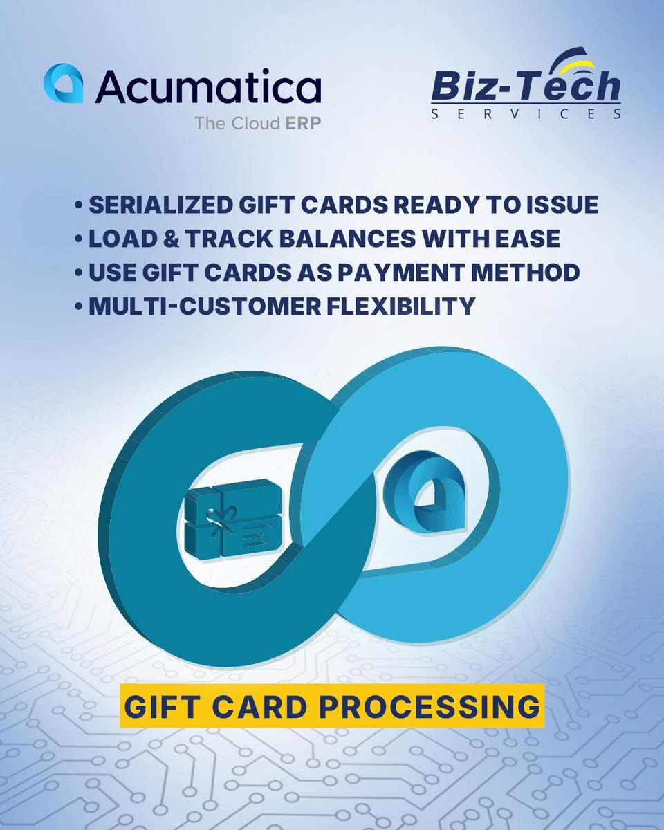 BizTechServices's tweet image. Gift cards are more than a payment method — they’re a proven driver of sales, customer loyalty, and ROI.
With Biz-Tech’s Gift Card Processing for Acumatica, companies can seamlessly sell, redeem, and track serialized gift cards directly in their ERP system.