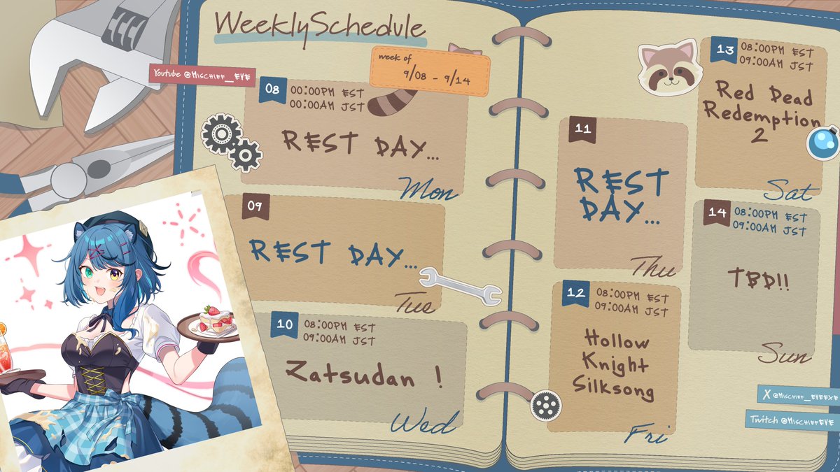 🤓WEEKLY SCHEDULE // 09/08 - 09/14🔧

let's have a happy + fun rest of our week !! ☀️