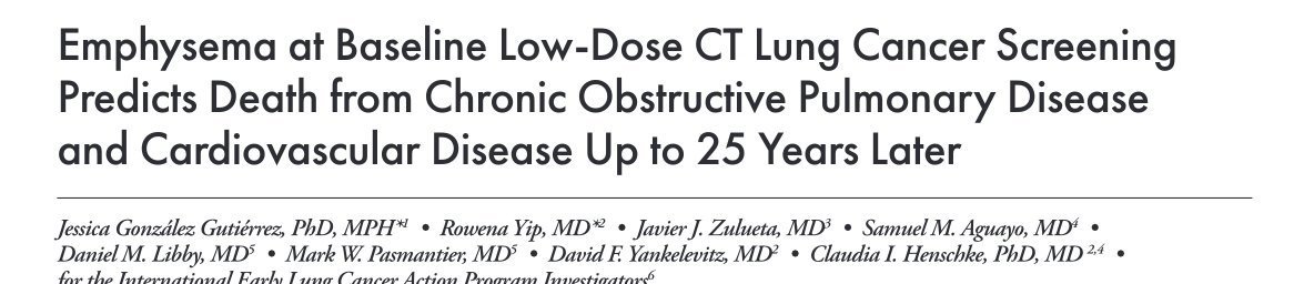 1/8
Is #emphysema just a #COPD finding or does it carry broader prognostic value? 🤔
Landmark I-ELCAP study by JG Gutierrez, R Yip, <a href="/DrZulueta/">Dr. Javier Zulueta</a> et al has answers! 
<a href="/MountSinaiDMIR/">Mount Sinai Diag, Molecular, and Interv Radiology</a>, <a href="/DOMSinaiNYC/">Mount Sinai Department of Medicine</a>, <a href="/WCMDeptofMed/">Weill Department of Medicine</a>, <a href="/PhxVAHealthcare/">PhxVAHealthCare</a>
@Radiology_RSNA <a href="/RITEditor/">Rad In Training Editor</a> @Radiology_Editor
