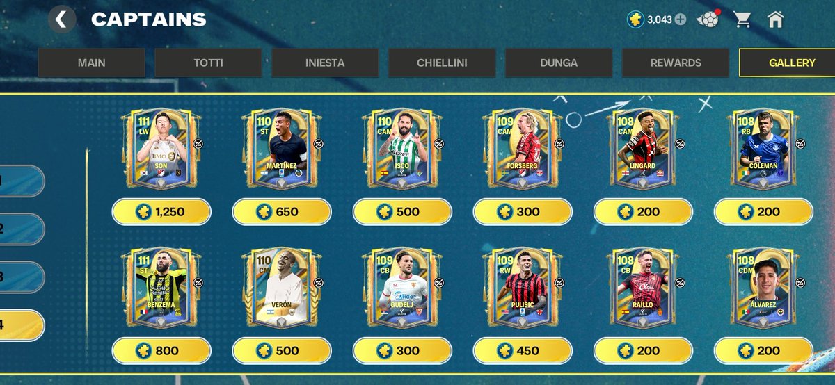 Week 4 shard costs.

• Sonny - 1250
• Benzema - 800
• Martínez - 650
• Veron - 500

Some great value cards, 1250 for Son is a bargain.

Who you going for?

<a href="/tutiofifa/">Tío Fifah 🇨🇴 🇵🇸 حرة</a> <a href="/EASFCMOBILE/">EA SPORTS FC MOBILE</a>