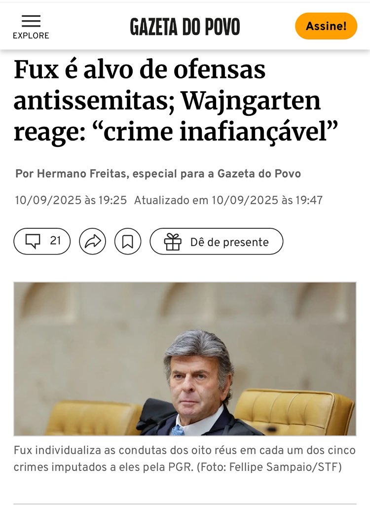 fabiowoficial's tweet image. “A repercussão foi imediata. Fabio Wajngarten, ex-chefe da Secretaria de Comunicação Social (Secom) no governo Bolsonaro e integrante da comunidade judaica, pediu a prisão dos responsáveis pelas publicações.
“É inconcebível que um ministro da Suprema Corte, no exercício de sua…