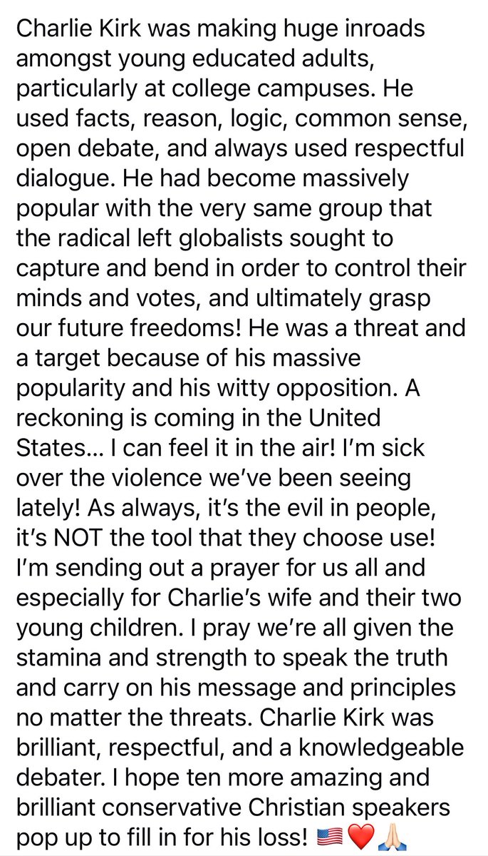 CindyZcode3's tweet image. I hope ten conservative Christians pop up to fill the shoes of Charlie Kirk! ❤️🇺🇸🙏🏻