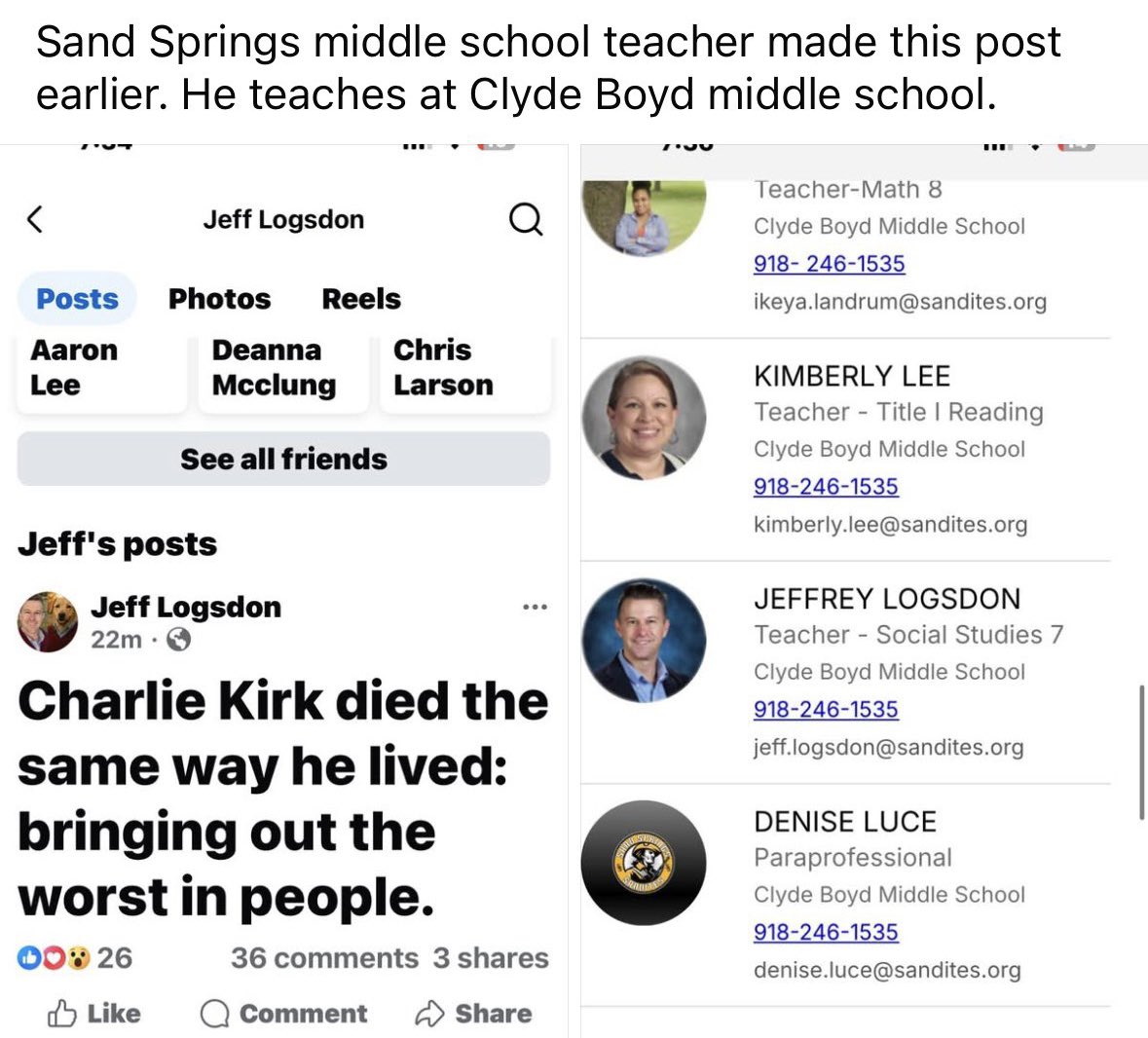 Libs of TikTok (@libsoftiktok) on Twitter photo Teacher at Clyde Boyd Middle School mocks Charlieās death.
Any comment <a href="/SandSpringsPS/">Sand Springs Public Schools</a>?? Teacher at Clyde Boyd Middle School mocks Charlieās death.
Any comment <a href="/SandSpringsPS/">Sand Springs Public Schools</a>??