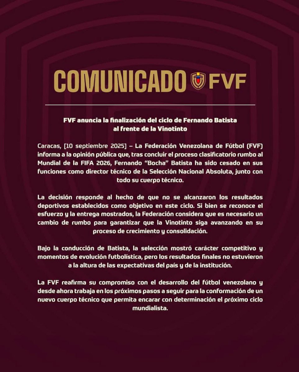 FVF: Chao "Bocha" Batista

#10Septiembre #Venezuela 

#Trump #EEUU #FreePalestine #FelizMiercoles #Qatar #Russia