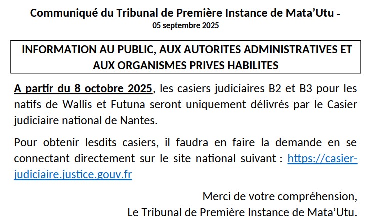 Information au public, aux autorités administratives et aux organismes privés habilités.
À compter du 8 octobre 2025, les bulletins n°2 et n°3 du casier judiciaire (pour les natifs de #WallisetFutuna) seront exclusivement délivrés par le Casier judiciaire national de Nantes⤵️