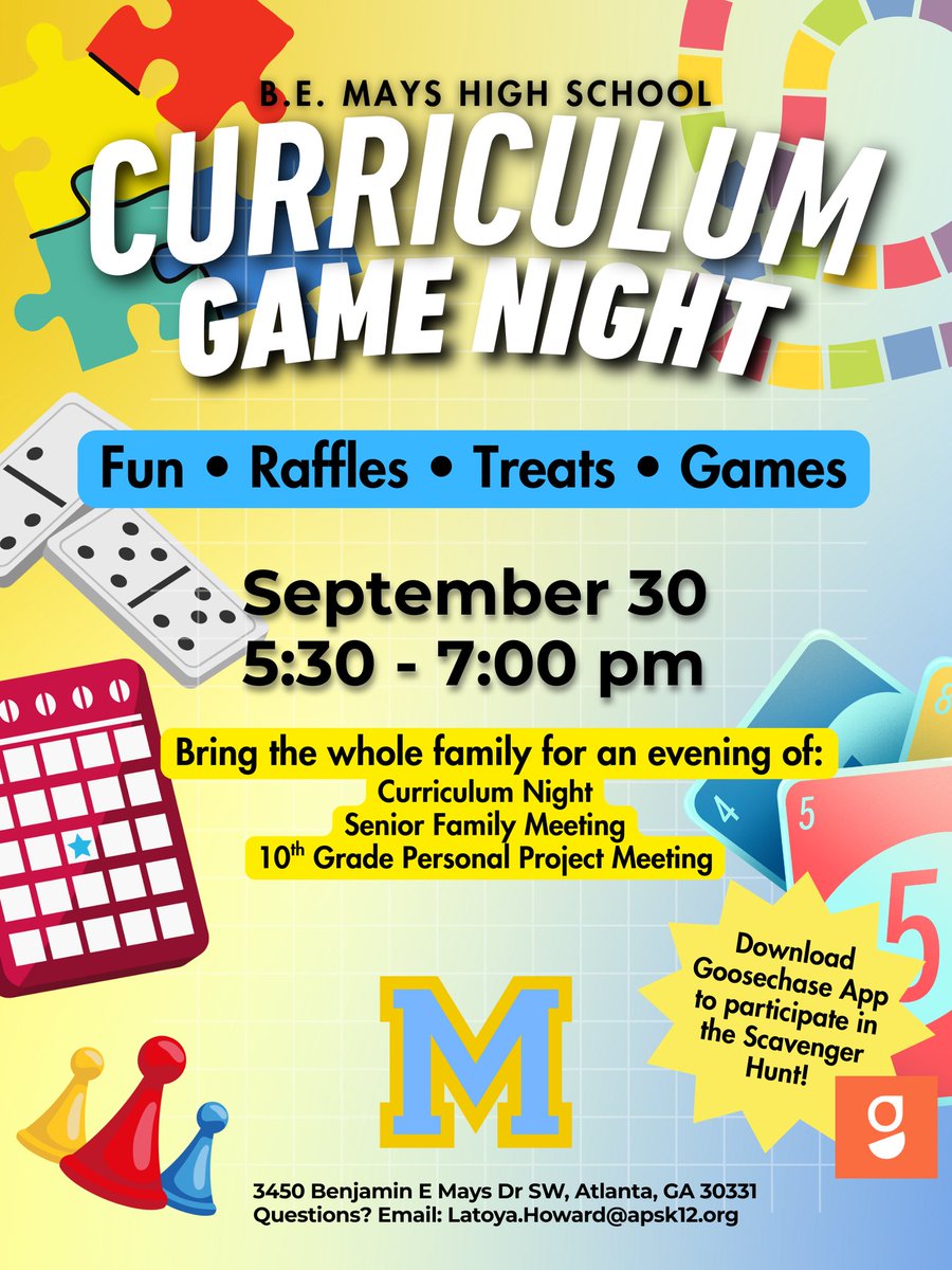 Raider family, it’s time for Curriculum Game Night at <a href="/APSMaysRaiders/">APS Mays Raiders</a> on September 30 from 5:30 – 7 PM. We invite families to enjoy games, prizes, and treats while learning about academics in a fun, engaging way. Hope to see you there! <a href="/BEMaysPRIDE/">Dr. Ramon Garner</a>