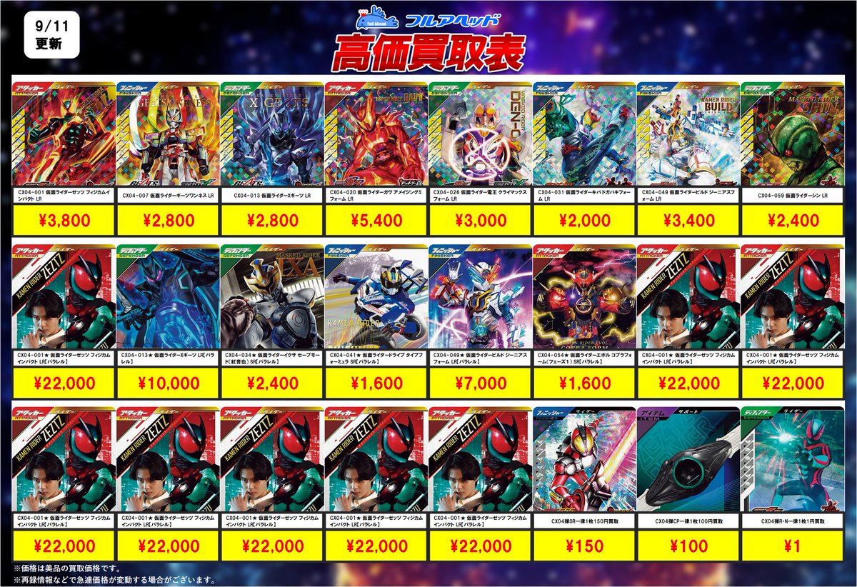 fullahead_osu's tweet photo. ━━━━━━━━━━
最新弾買取情報!
━━━━━━━━━━
ガンバレジェンズ
「クロマティックX 4弾」
#CX04
12時からの買取表はコチラ!
お持ち込みお待ちしております!
※在庫状況などで予告なく変更の可能性がございます。
#高価買取 #フルアヘッド #仮面ライダー https://t.co/4N1oIpNxuX