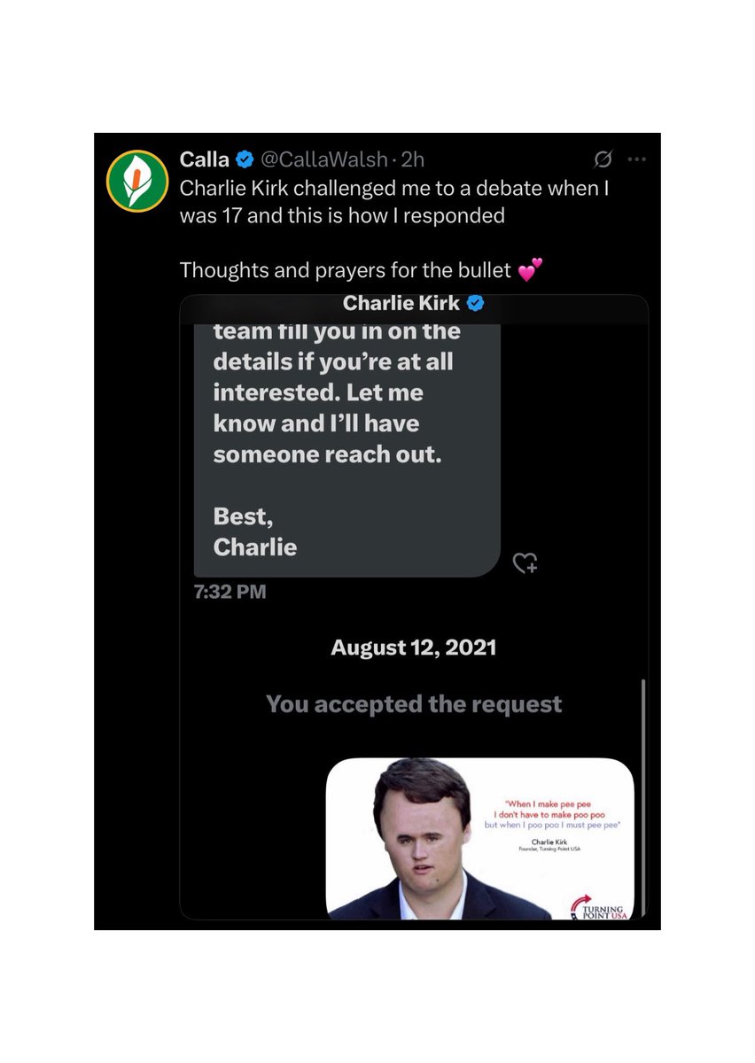 Charlie politely asked to discuss topics with Calla Walsh one time, and today she wrote:

"thoughts and prayers for the bullet"

Leftism is a disease.