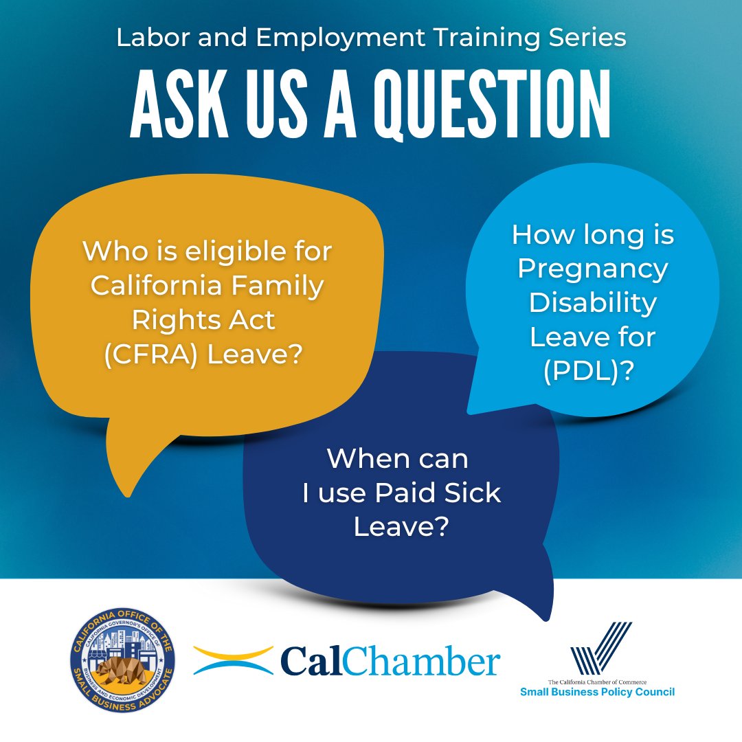 CaliforniaOSBA's tweet image. ❓Questions about CA’s protected leave laws?

Join our FREE live webinar Sept 19 @ 12 PM PT!

✔️ Sick Leave
✔️ PDL
✔️ CFRA &amp;amp; FEHA
✔️ More CA leave laws

💬 Submit your questions!
🎟️ Register: bit.ly/46hWsBs
#CalOSBA #SmallBizCA #LeaveLaws #LiveWebinar