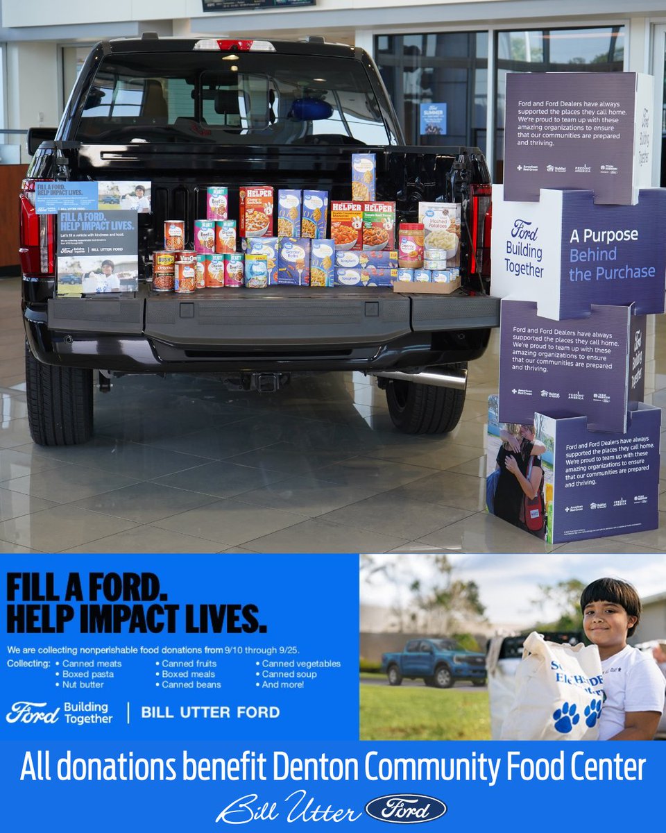 Help us FILL A FORD and make a difference! We’re proud to join Ford’s World’s Largest Dealer Food Drive in support of the Denton Community Food Center.
📷Now - September 25th, drop off nonperishable food items at Bill Utter Ford and help us reach our goal of 200+ pounds of food!