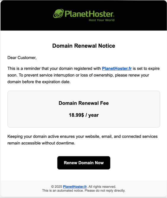 SylvainJ_PH's tweet photo. There is currently a phishing wave by email targeting domain names. It is important to note that official communications from
@PlanetHoster
are always visible through your client area: https://t.co/t0pxgNNcIG https://t.co/ksLDnCxRBl