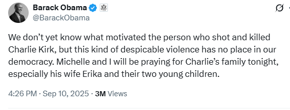Breaking911's tweet photo. FMR. PRES. OBAMA: "We don’t yet know what motivated the person who shot and killed Charlie Kirk, but this kind of despicable violence has no place in our democracy..." https://t.co/KkgNpVKM3f