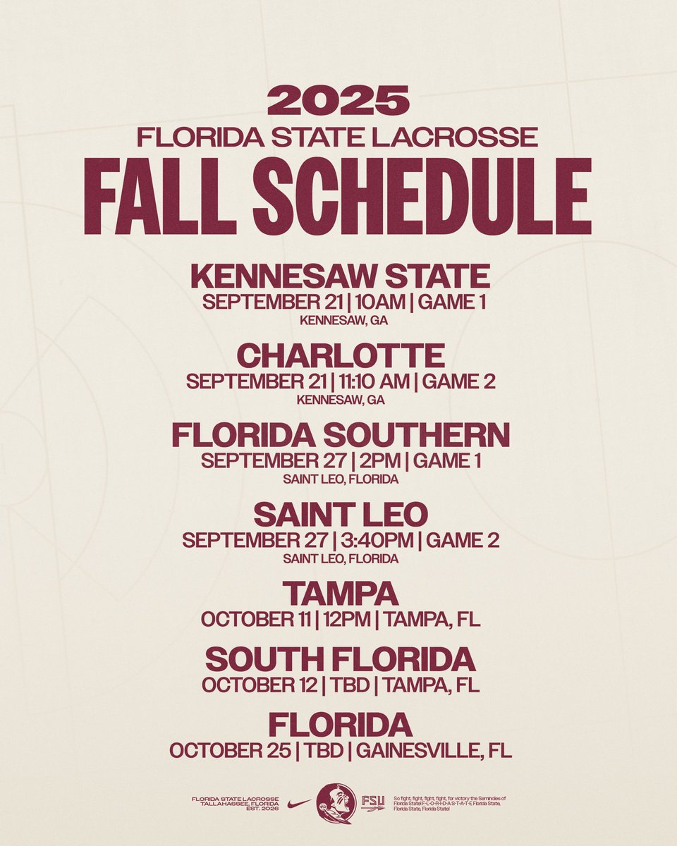 FSU_WLAX's tweet image. Did someone say fall ball? 🥍

Our 2025 Fall Schedule is here! ⬇️

#NolesLax | #BuildIt