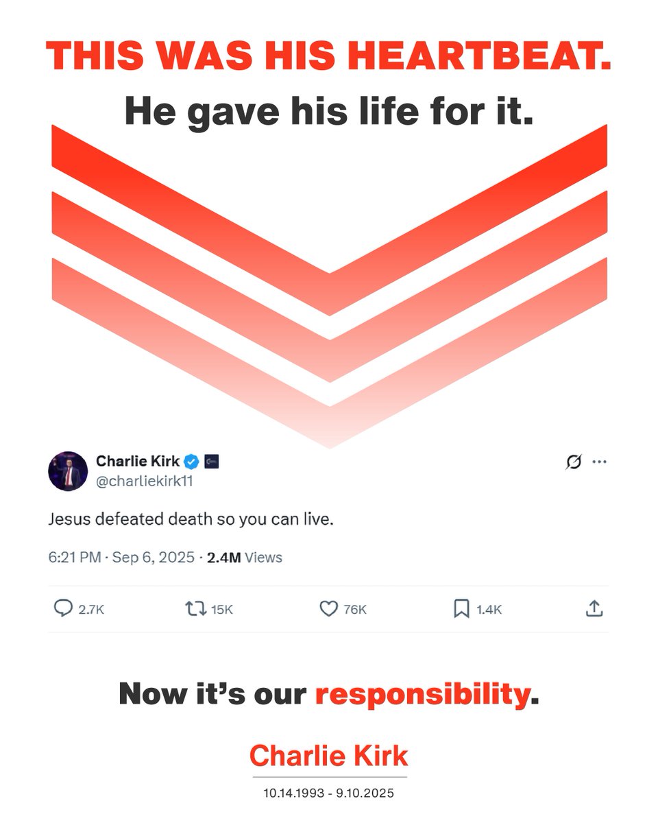 This post here on X hits a whole lot harder today... a day where we lost more than just a voice - we lost a warrior.

Charlie Kirk gave his life to a cause greater than himself. His heartbeat was conviction, courage, and Christ.

And he never wavered, not once.

God used Charlie