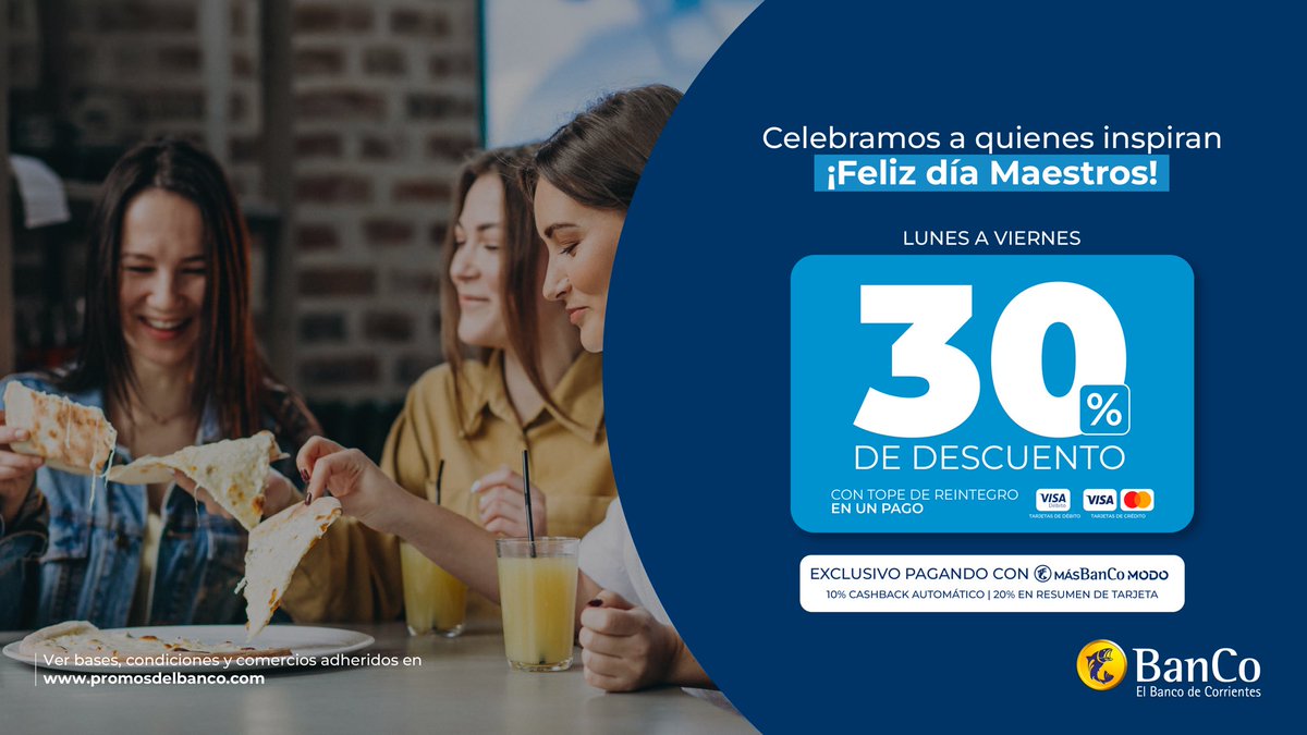 Vení a celebrar el Día del Maestro con 30% de descuento en los mejores espacios gastronómicos de la provincia 🌟🍽️

Más info en 👉  promosdelbanco.com