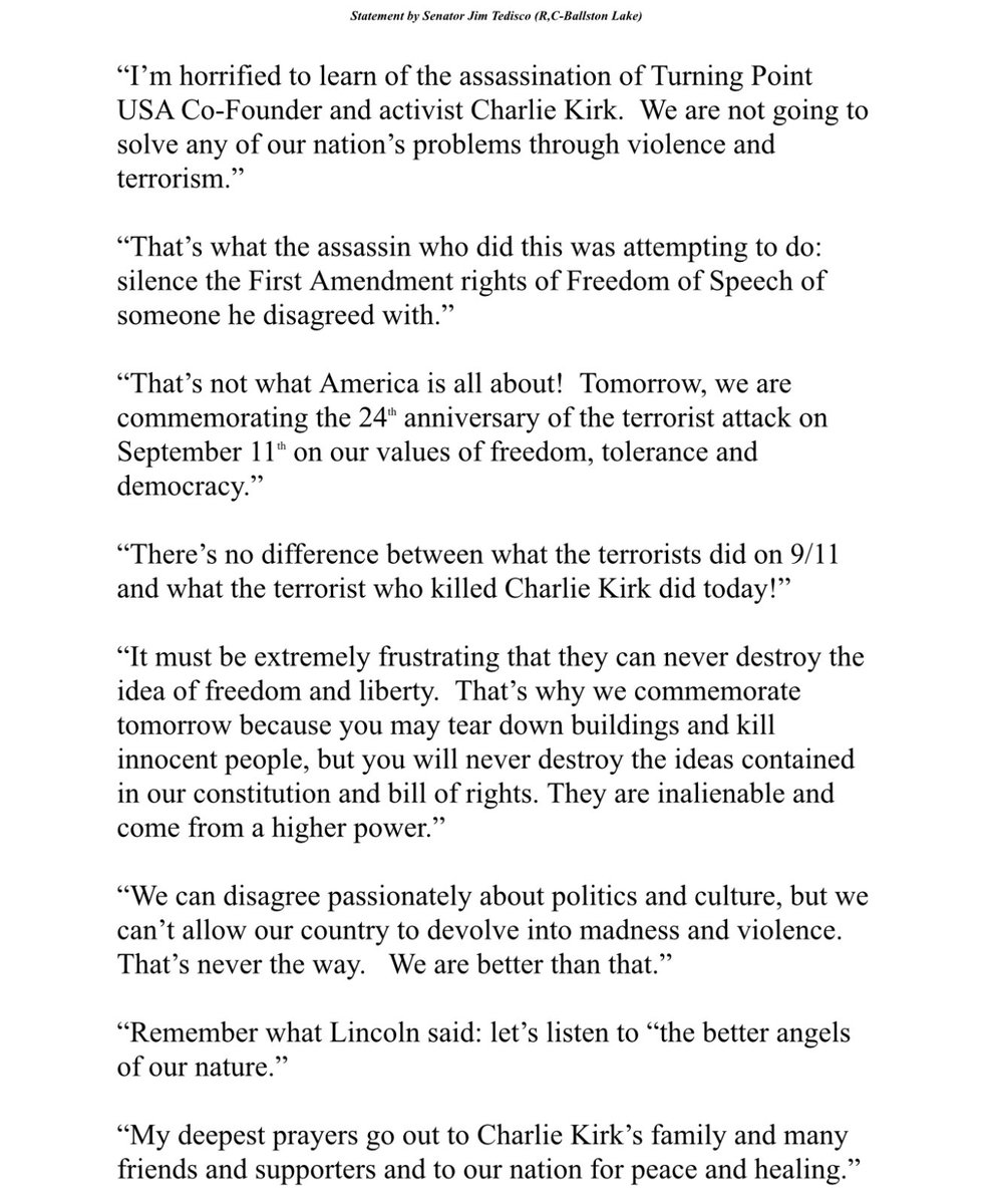Horrified over the assassination of Charlie Kirk.  My statement below: