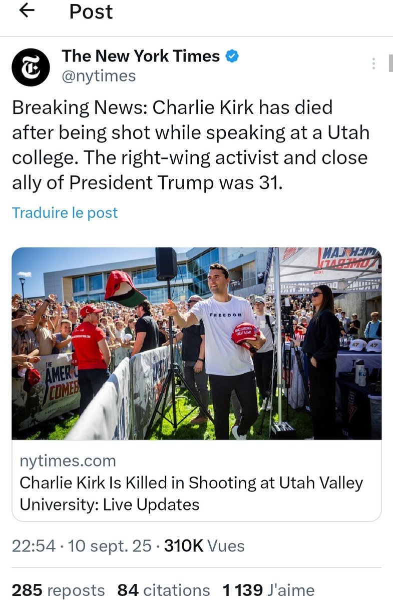 Beatrice_Rosen's tweet photo. Même les journaux de gauche US ne salissent pas Charlie Kirk avec les mêmes étiquettes infamantes que la presse Française.
Cette presse poubelle  Française drapée à tort dans une supériorité intellectuelle et morale basée sur RIEN, presse de propagande qui fait tant de mal au pays, qui se croit au-dessus de tout, l'arbitre autoproclamé  et perpétuel des élégances  alors qu'ils sont des gratte-papiers subventionnés avec NOTRE argent, qui n'ont même pas la décence et l'humanité de ne pas souiller un père de famille abattu par un VRAI fasciste au nom d'une fausse morale imbécile : l'intolérance au nom de la tolérance.
Mais quelle connerie !
Cette presse est la honte du pays, des pauv' types aux cheveux gras, aigris, qui passent leur temps à coller des cibles dans le dos des opposants avec vos étiquettes à la con, phobes-ceci, sceptique- cela... pour venir ensuite salir leur mémoire.
Vous n'avez plus ni décence ni humanité, vous êtes des petits savonaroles médiocres qui ne doivent votre salaire qu'aux Français encore bien gentils de ne pas exiger immédiatement l'arrêt de TOUTES vos subventions.
Vous m'écoeurez.