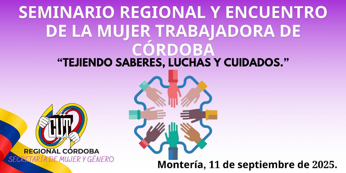 Mañana es el gran evento SEMINARIO REGIONAL Y MUJER TRABAJADORA, seguimos fortaleciendo la unidad del sindicalismo en Córdoba. <a href="/cutcolombia/">Central Unitaria de Trabajadores</a> <a href="/cutcordoba/">EJECUTIVO CUT CÓRDOBA.</a> <a href="/fecode/">fecode</a> <a href="/MintrabajoCol/">MinTrabajo</a> <a href="/infopresidencia/">Presidencia Colombia 🇨🇴</a>