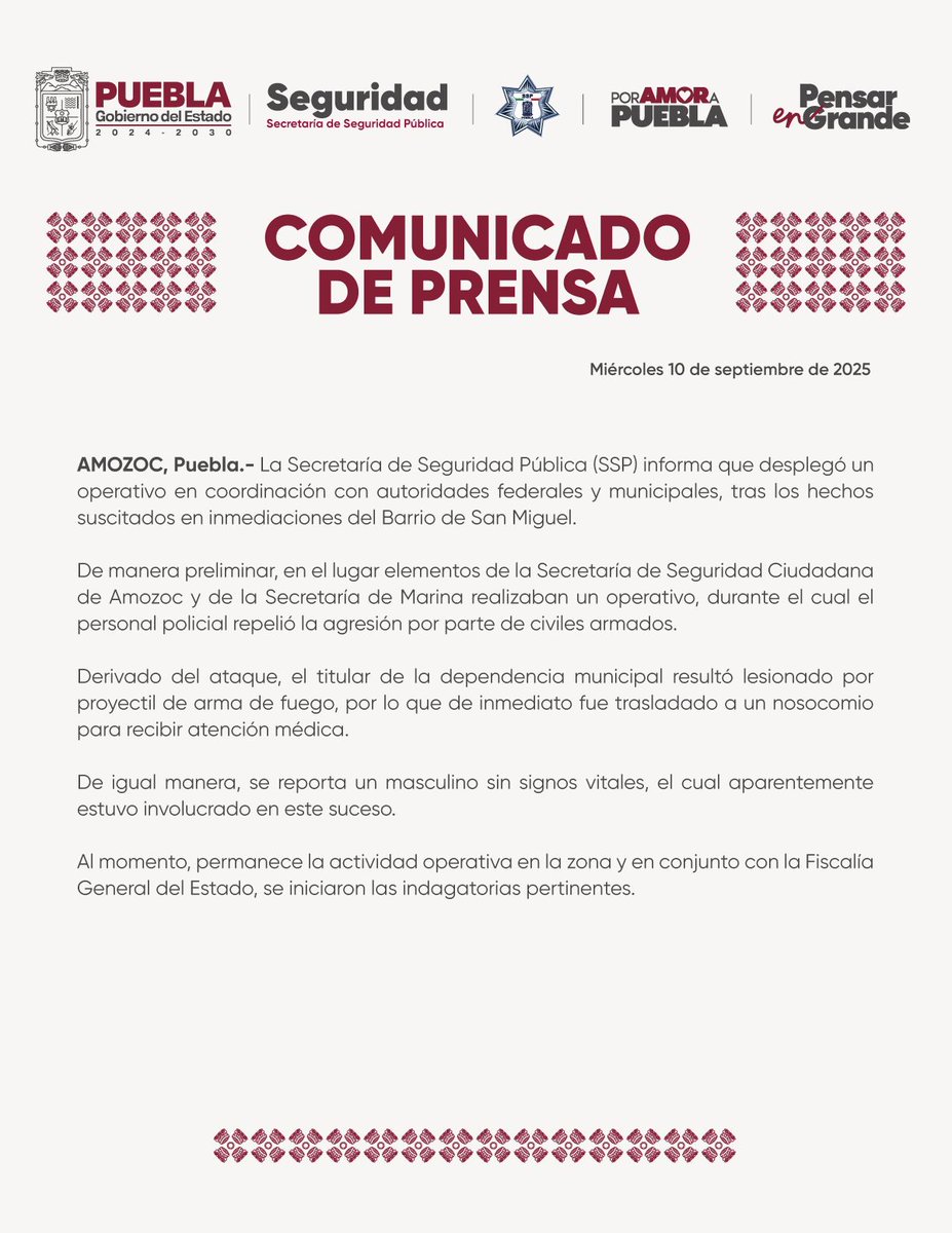 #Entérate
Elementos de la Secretaría de Seguridad Ciudadana de #Amozoc y de la #Marina, fueron atacados a balazos por civiles mientras realizaban un operativo en el Barrio de San #Miguel.

El titular de la dependencia municipal resultó lesionado por proyectil de arma de fuego,