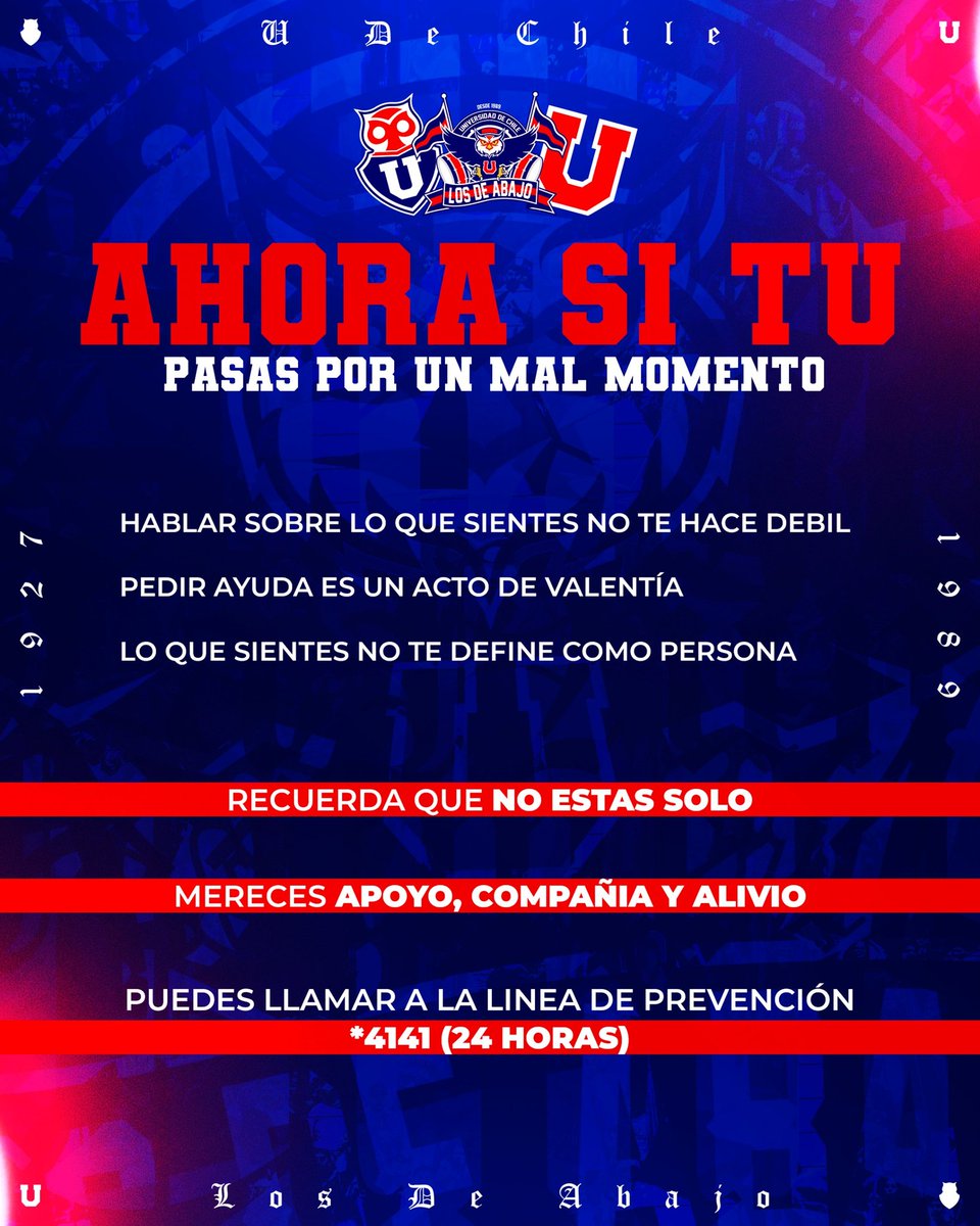 ¡Atención, camaradas!

Hoy, en el Día Mundial de la Prevención del Suicidio, desde la Barra de Los de Abajo y la gran familia que es la U, queremos decirte: NO ESTÁS SOLO, NO ESTÁS SOLA.