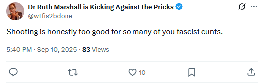 cosminDZS's tweet photo. This is @UofT prof Dr. Ruth Marshall @wtfis2bdone reacting to Charlie Kirk’s assassination

Campuses are breeding grounds for sadistic freaks who have violent fantasies about harming opponents

Ironically, it’s where Charlie worked best—bravely staring this evil in its ugly face https://t.co/PhxafOxdDc