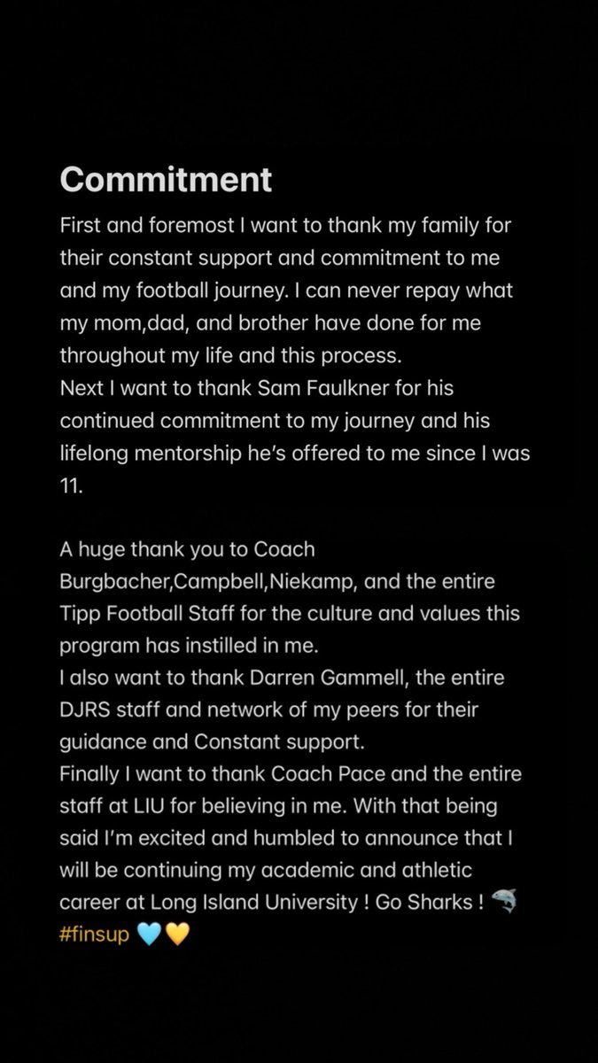 Psalms 118:22 - Excited and Humbled to announce that I have committed to Long Island University to continue my academic and athletic career ! #finsup Go Sharks 🦈💛🩵
<a href="/DJRSwework/">Darren Junior Recruiting Source LLC.</a> <a href="/bondedits15/">Bond Edits</a> <a href="/TippFB/">Tippecanoe Football 🏈</a> <a href="/CoachRCooper/">Ron Cooper</a> <a href="/CoachRobertsLIU/">John Roberts</a> <a href="/Coach_IPace/">Ian Pace</a>