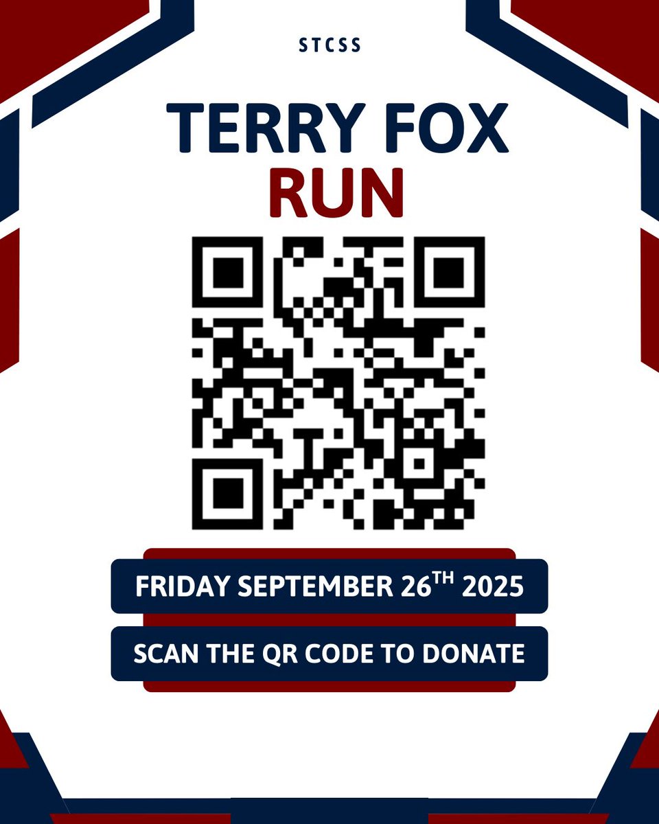 stcssSC's tweet image. The Terry Fox run is coming up Titans! Scan the QR code or click this link to donate! 

schools.terryfox.ca/104639