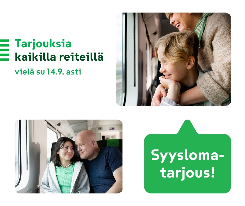 Löytyykö sinulta jo junaliput syyslomareissuun? 🍃
Kaukojunaliput syyslomien ajalle ovat tarjouksessa vielä su 14.9. asti. Lippuja on tarjolla kaikille reiteille 10.10.–26.10. väliselle ajanjaksolle. Tarjoushintaiset liput ovat jopa normaaleja alkaen-hintojamme edullisempia!