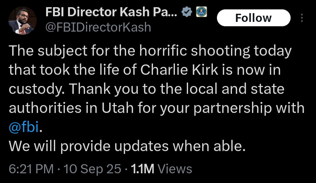 Charlie Kirk's killer has been caught

Thank God