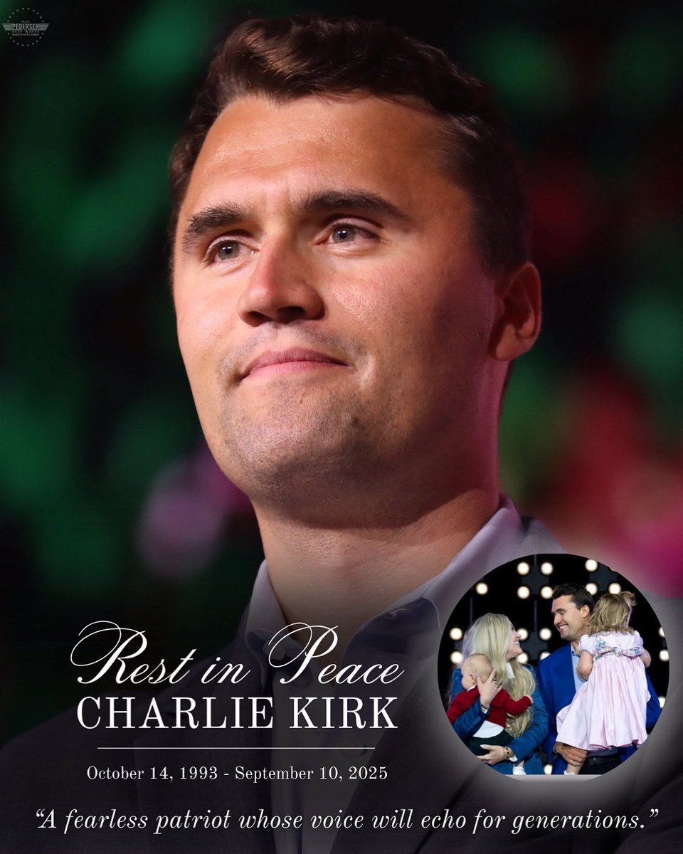 MDPedersen_FL19's tweet photo. Charlie Kirk was murdered.
Not for violence, not for hate —
but because he dared to speak truth.
With eloquence and conviction,
he debated, he challenged,
he stood as a fearless voice for the conservative heart of America.

This was no accident.
This was a political assassination.
The left and their media lies
could not defeat his ideas,
so evil sought to silence the man himself.

But Charlie was never mean.
Never cruel.
Never insulting.
He simply spoke the truth —
boldly, unapologetically,
and always with a fire that lit up a generation.

My heart is heavy for his wife and children,
for the life that was cut short,
for the years that should have been.
Yet even in sorrow,
I feel joy knowing Charlie now rests
with our Lord and Savior.

He had so much more life to live —
and we will carry his torch forward.
Evil will not win.
Truth will not be silenced.
And justice must come.
Find the POS who did this,
for as Governor Spencer Cox said,
this was nothing less than a political assassination.

Charlie Kirk may be gone,
but his voice and legacy thunders on. 

@charliekirk11 #CharlieKirk #truth #pray #RestInPeace #justicewillbeserved #fightson #carryonkirkslegacy