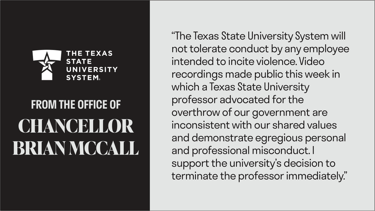 TXStateUnivSyst's tweet photo. A statement from the Office of Texas State University System Chancellor Brian McCall: https://t.co/iihi1j4Nn7