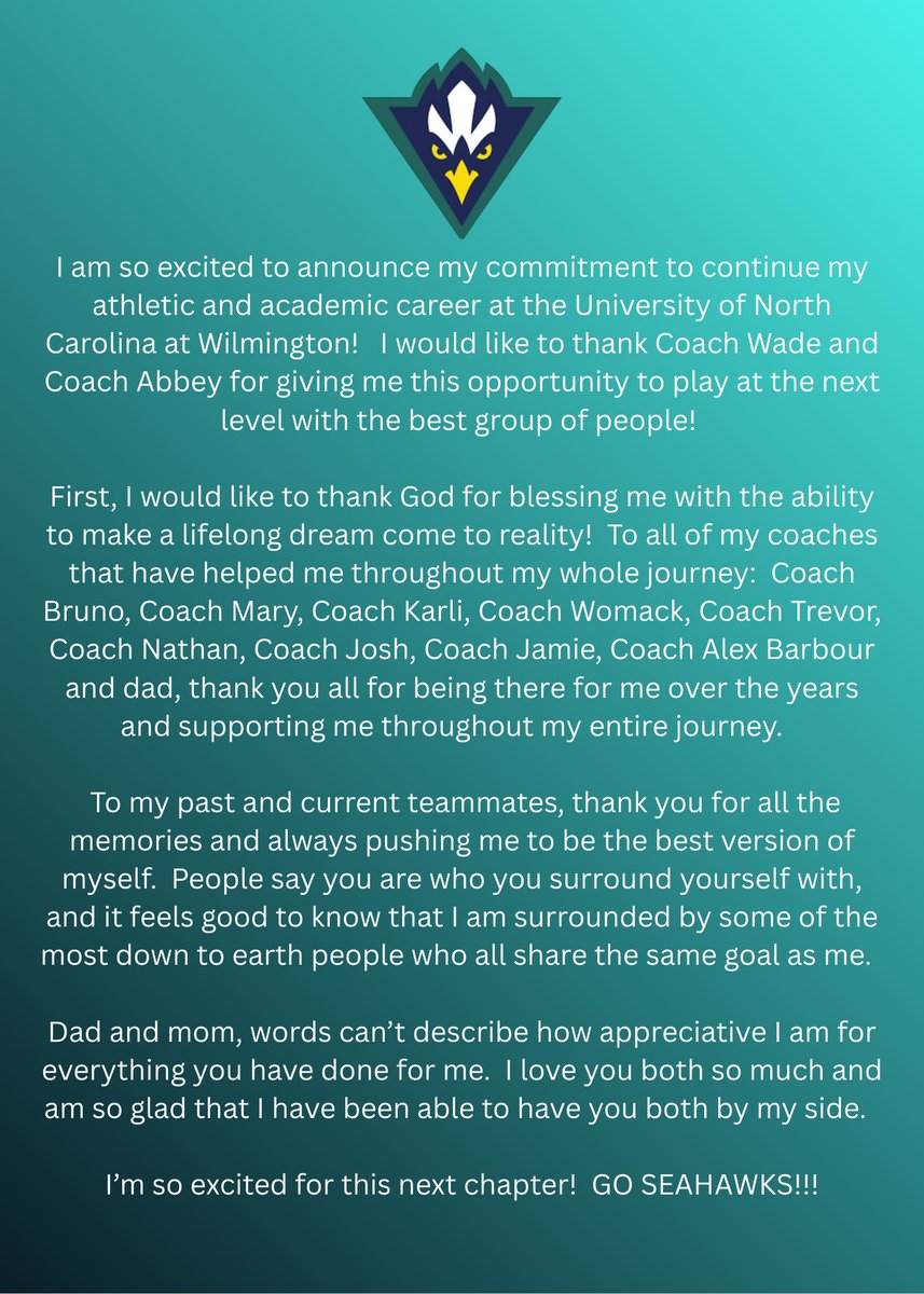 So excited to be a SEAHAWK!🌴🌊🥎
<a href="/UNCWsoftball/">UNCW Softball</a> <a href="/AshleyWadeUNCW/">Ashley Wade</a> <a href="/AbbeyLatham/">Abbey Latham</a> <a href="/KylerHolton08/">Kyler Holton</a> <a href="/ROCKGOLDVA/">ROCK GOLD VA ORG</a> <a href="/rockgoldnc/">.</a> <a href="/BrunoGodwin6/">Bruno Godwin</a> <a href="/mary_sobataka/">Mary Sobataka</a> <a href="/karligodwin2/">Karli Godwin</a> <a href="/DavidAllen_80/">David Allen</a>