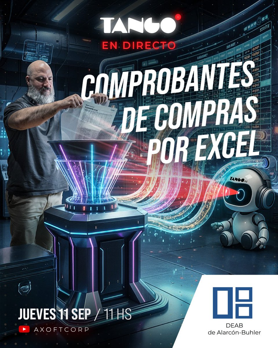 DEABTango's tweet image. #TangoEnDirecto

👉 Mañana, jueves a las 11h, no te pierdas el directo de Comprobantes de compras por Excel, donde se verá la nueva funcionalidad de Tango Delta 5.

🔔Suscribite al canal.

🔴YouTube: Acceso youtube.com/@AxoftCorp

#tangosoftware #dealarconbuhler