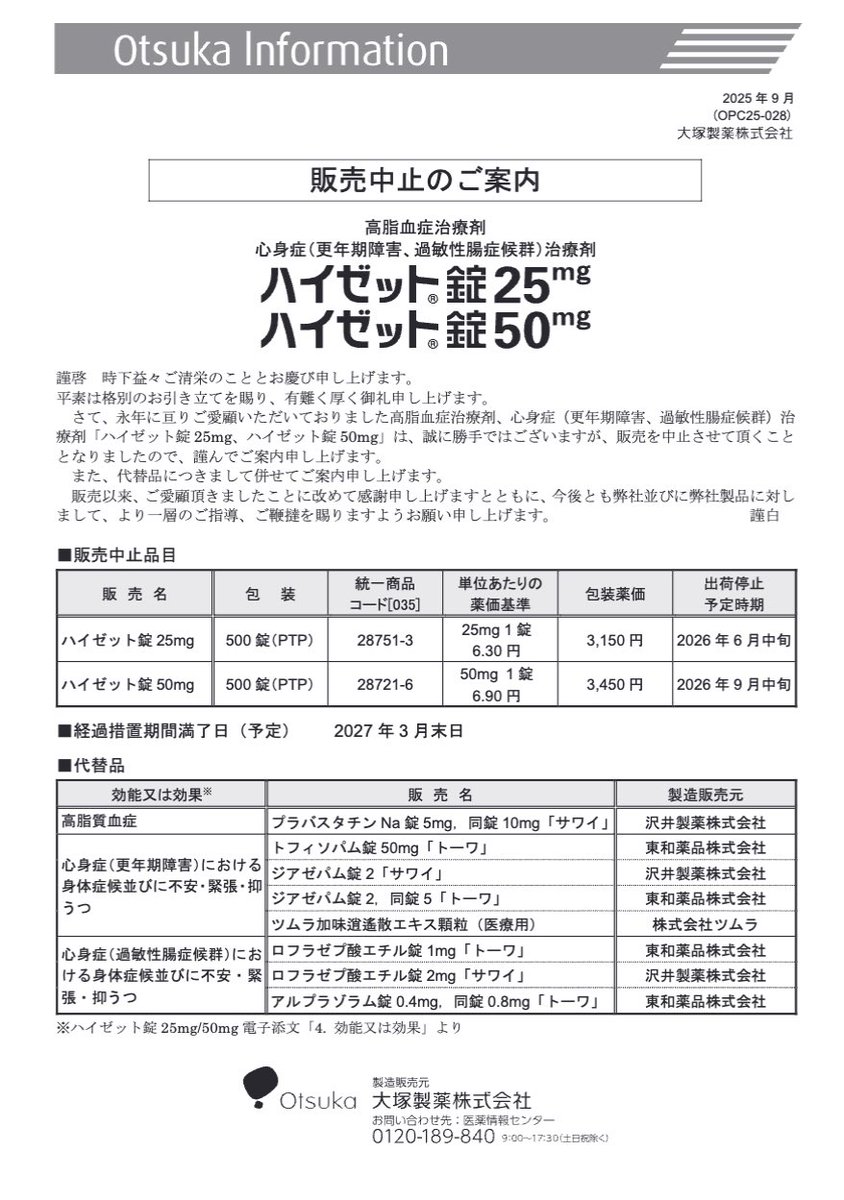 2025年9月9日 大塚製薬 販売中止のご案内（ハイゼット錠25mg、50mg