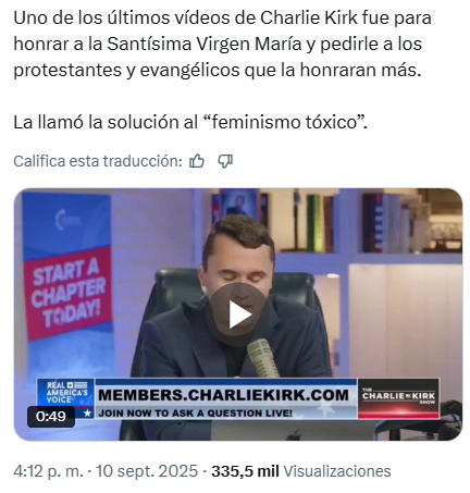 Pildorasdefe's tweet photo. Oramos por el eterno descanso de alma de un hombre muy creyente y temeroso de Dios, provida y defensor de la familia

¡Asesinado el día de hoy!

Que Jesucristo abrace con misericordia al alma de Charlie Kirk.

Era protestante, pero amaba a la Virgen María. https://t.co/DeZgbNnATJ
