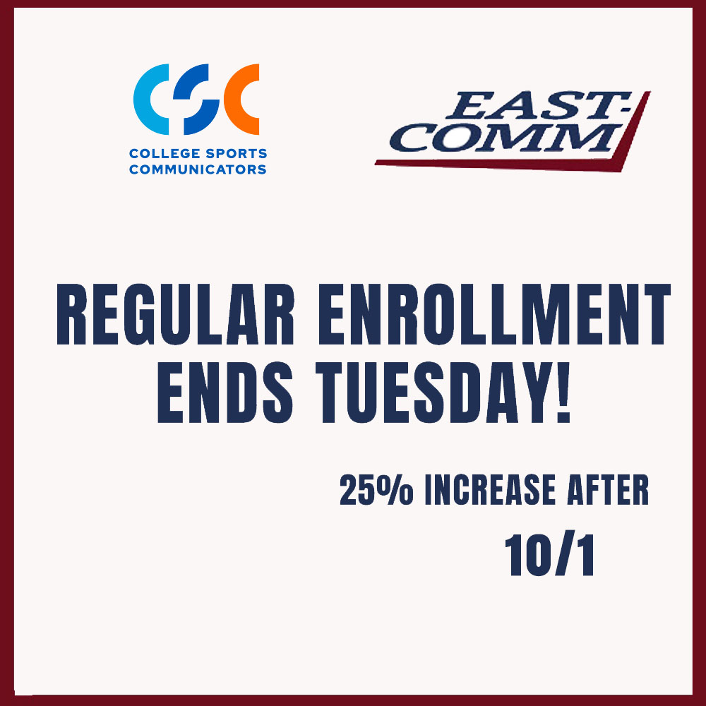 EAST_COMM's tweet image. Don&apos;t forget to get your @CollSportsComm and EAST-COMM Memberships before 10/! The price goes up 25% after that day!