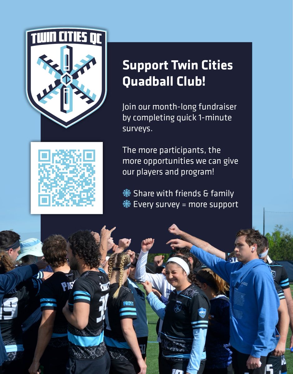 Got a minute? That's all you need to help <a href="/TwinCitiesQC/">Twin Cities Quadball Club</a> #fundraise for their upcoming season! 

Scan the QR code to take the survey 👇